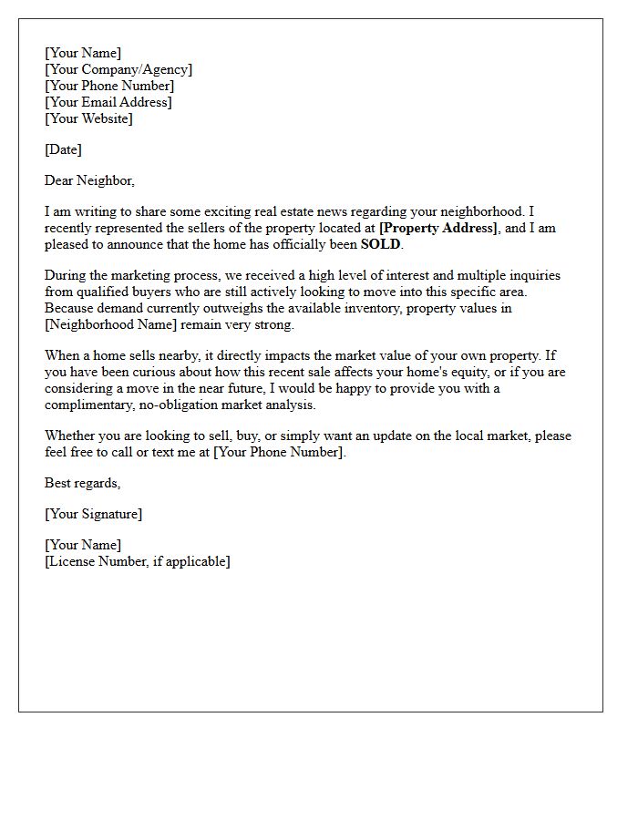 Neighborhood Recent Sales Success Letter