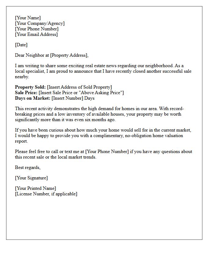 Neighborhood Sales Record Proven Letter