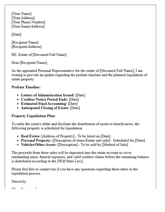 Probate Timeline And Property Liquidation Letter