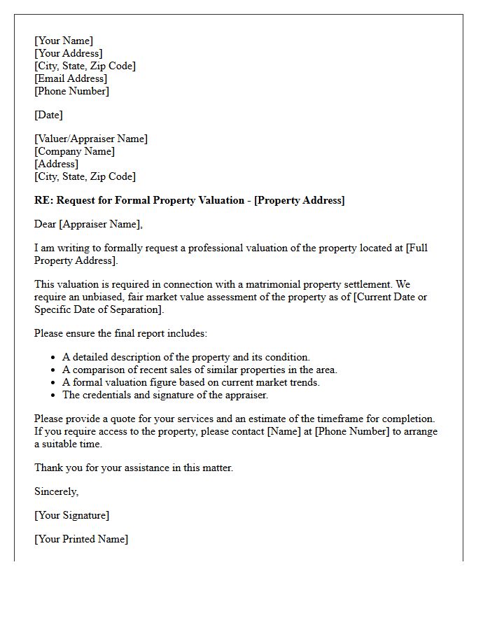 Divorcing Couple Property Valuation Assistance Letter