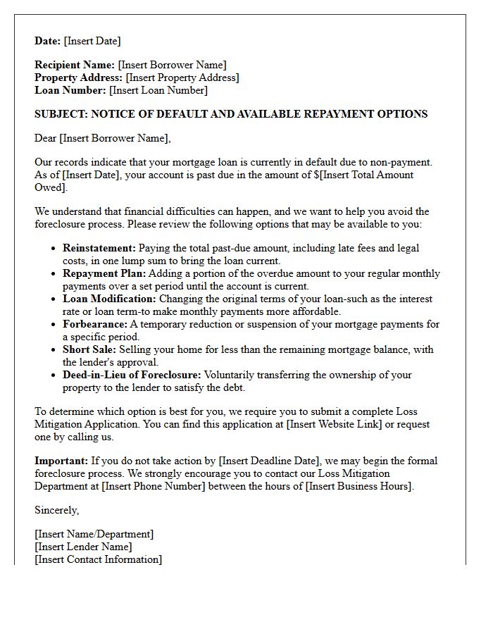 Residential Mortgage Default Options Letter