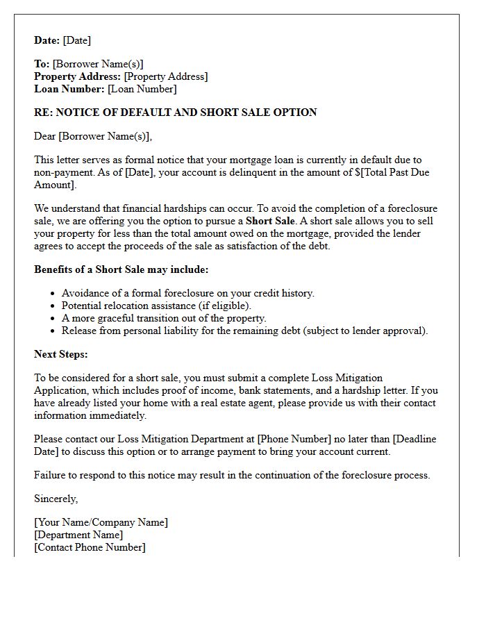 Short Sale Option Notice Of Default Letter