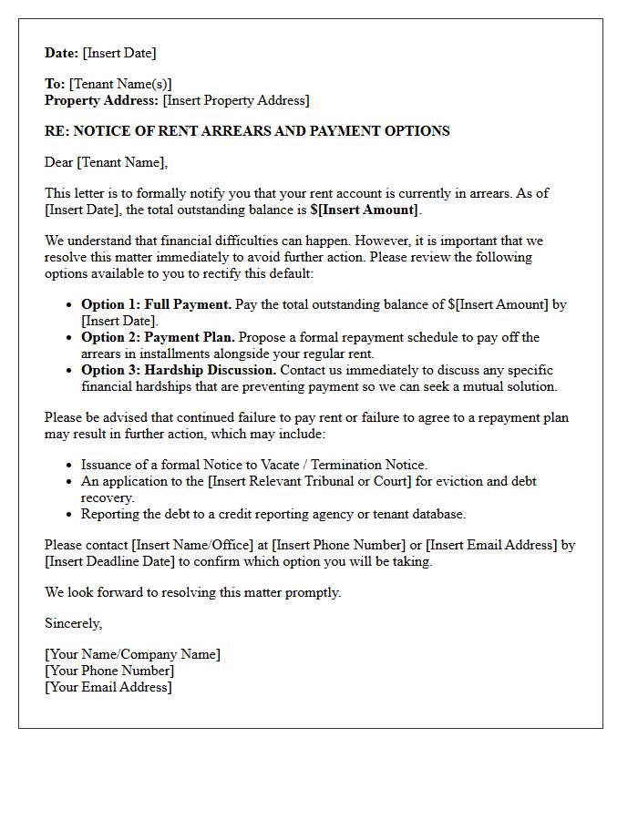 Tenant Rent Arrears Default Options Letter