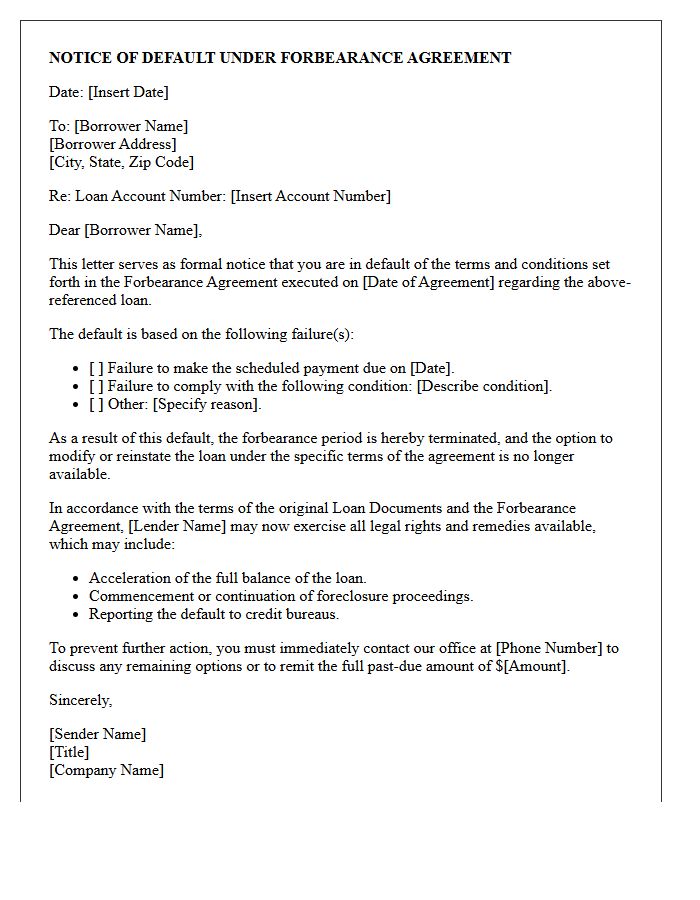 Forbearance Agreement Option Default Letter