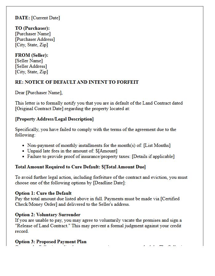 Land Contract Default And Options Letter