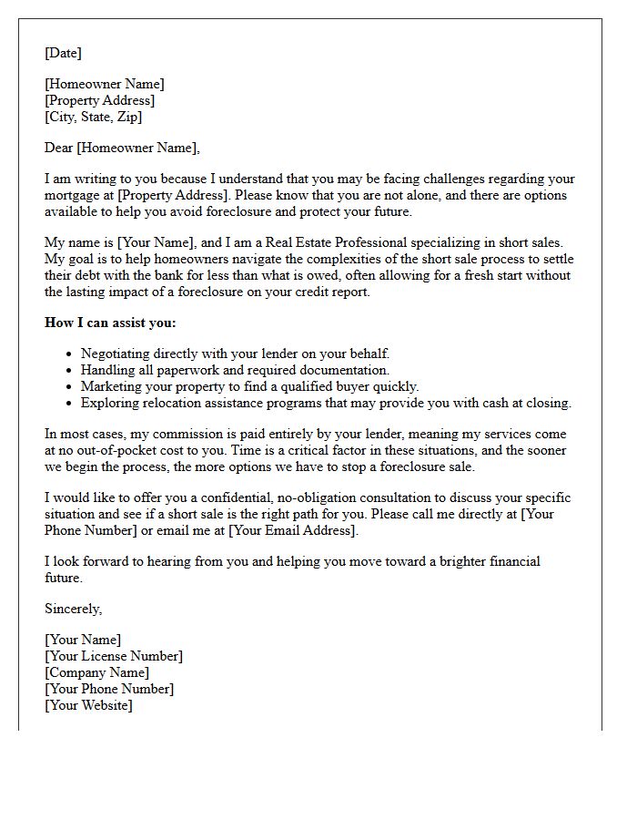 Short Sale Specialist Introduction Letter to Distressed Homeowners