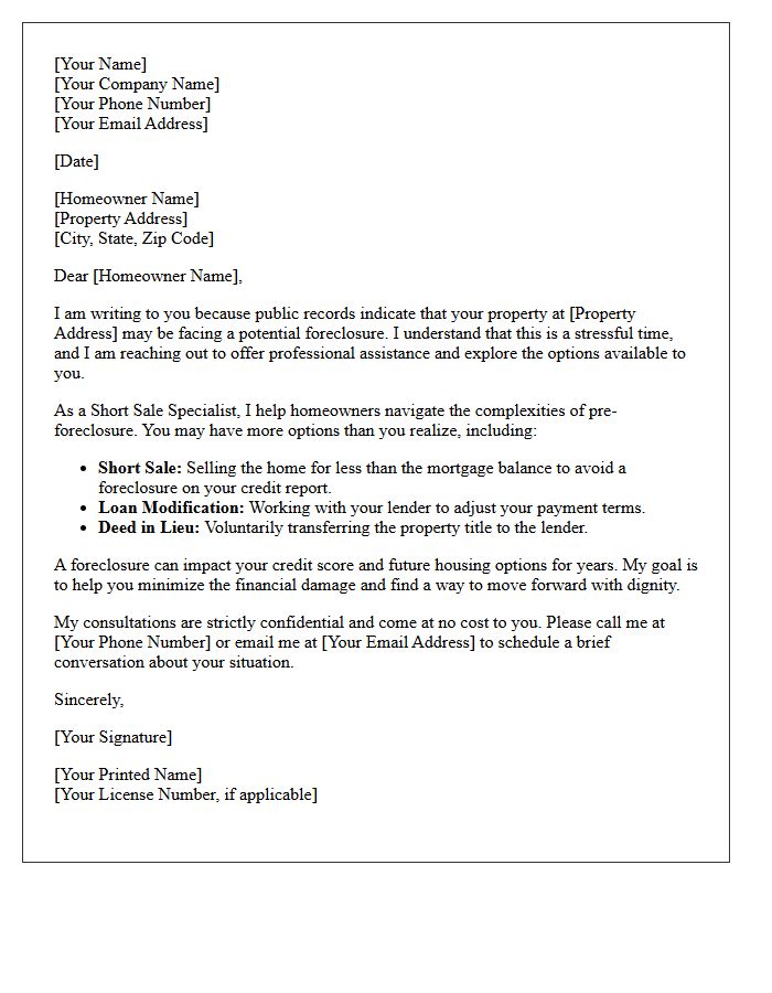 Pre-Foreclosure Assistance and Short Sale Specialist Letter