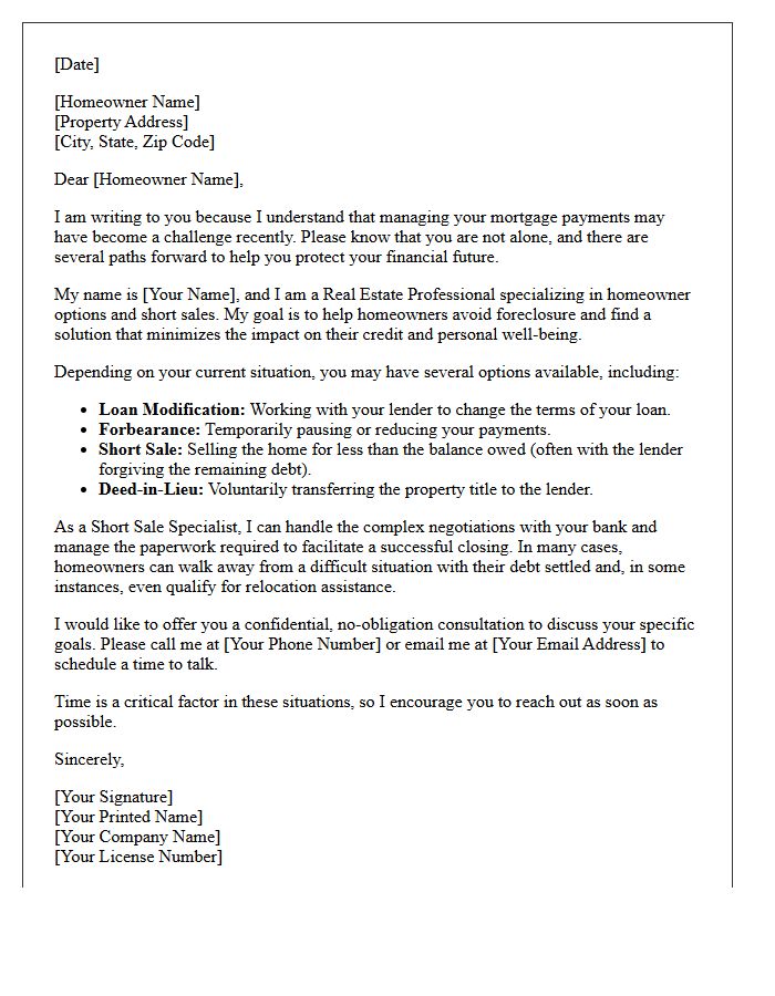 Homeowner Options and Short Sale Specialist Introduction Letter