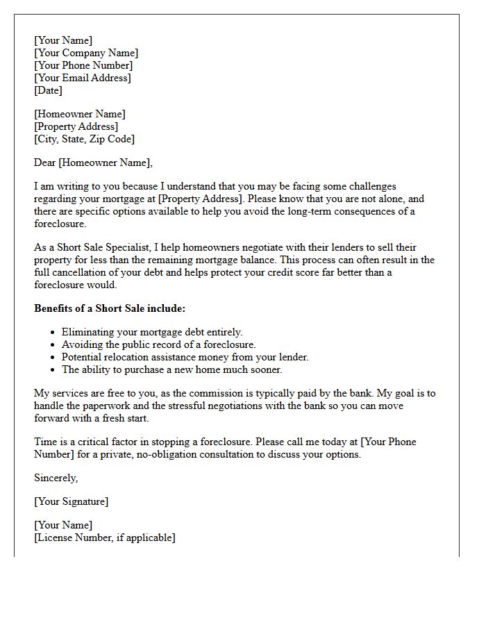 Avoiding Foreclosure Short Sale Specialist Letter