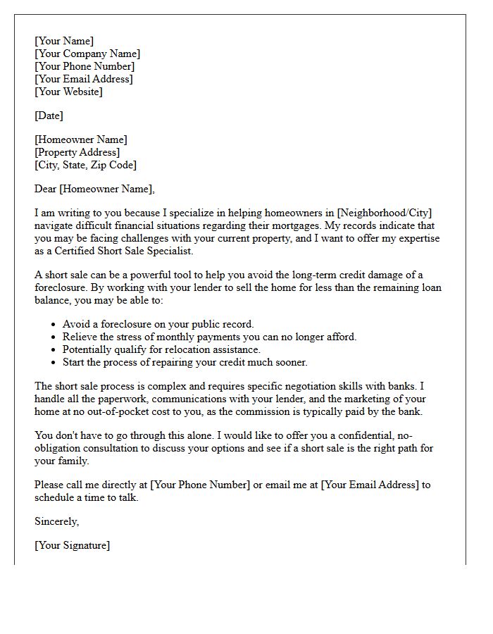 Local Real Estate Short Sale Specialist Letter