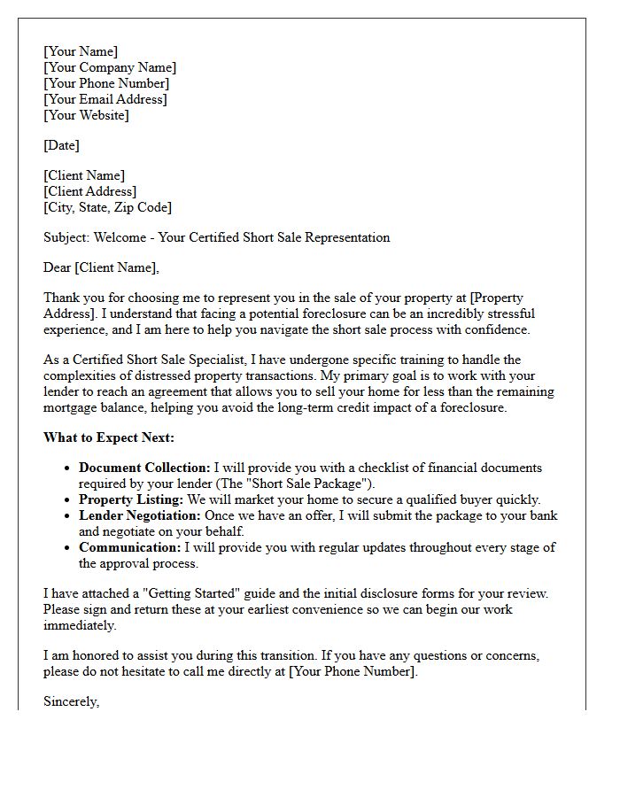 Certified Short Sale Specialist Welcome Letter