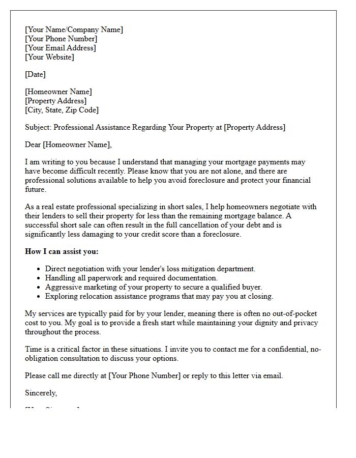 Professional Real Estate Short Sale Services Letter