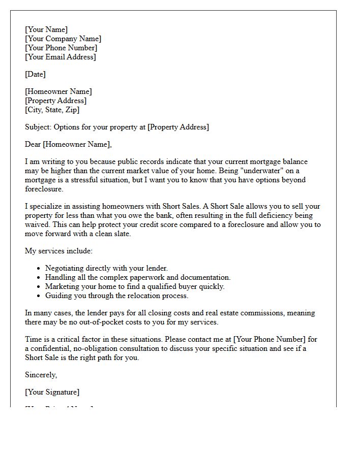 Underwater Mortgage Short Sale Specialist Letter