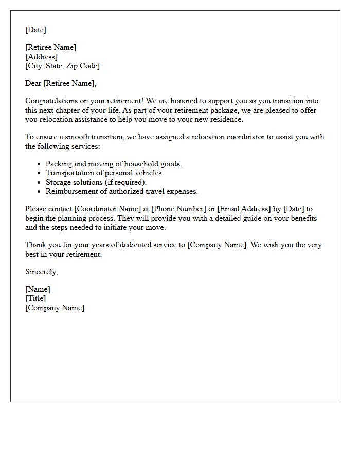 Welcome Retiree Relocation Assistance Letter