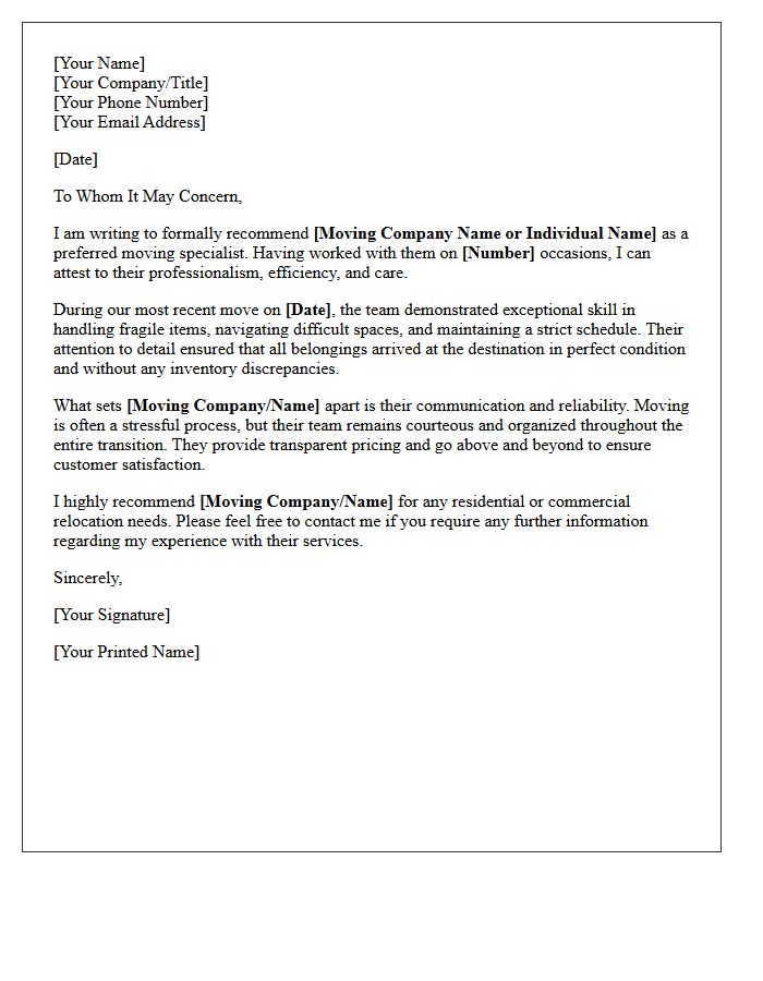 Preferred Moving Specialist Recommendation Letter