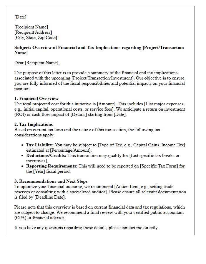 Financial and Tax Implication Overview Letter