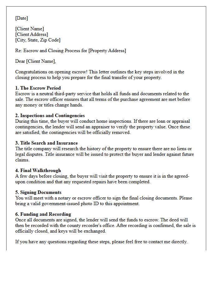 Escrow and Closing Process Explanation Letter