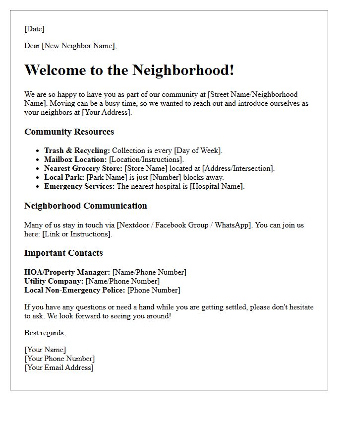 New Neighborhood Welcome and Resource Letter