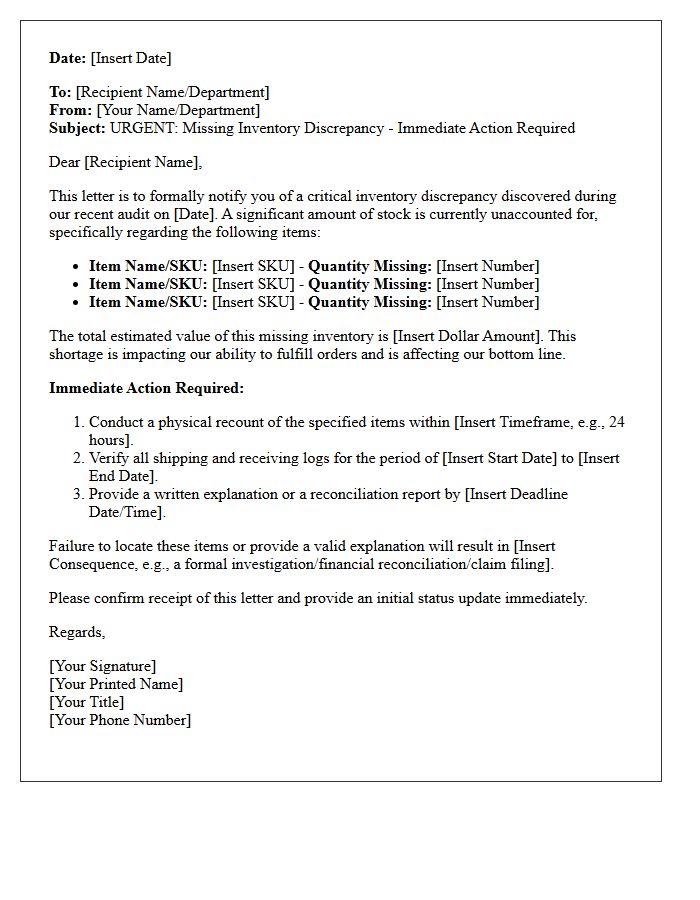Missing Inventory Urgent Call To Action Letter