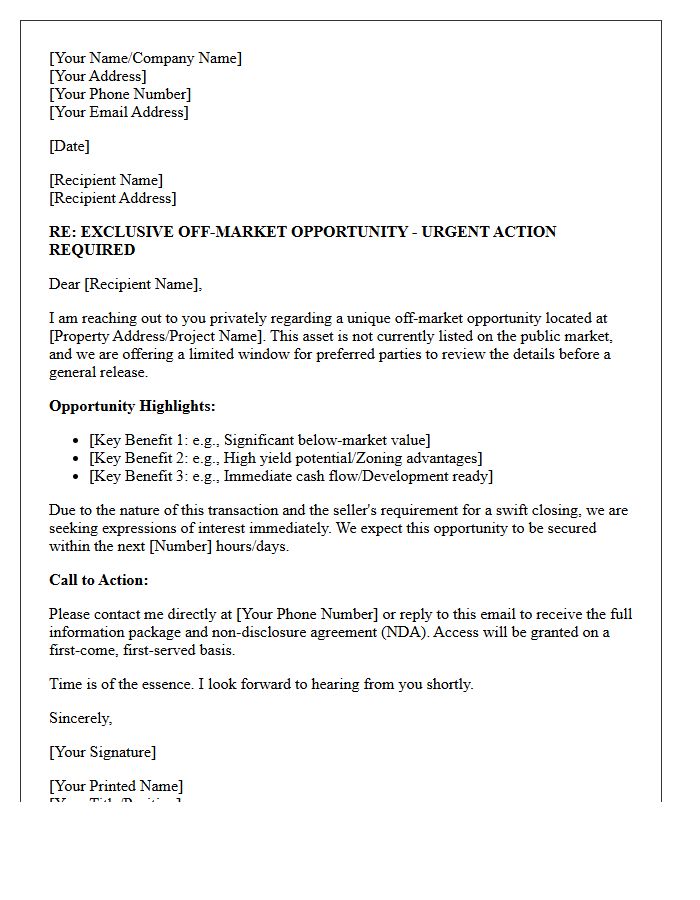 Off Market Opportunity Urgent Call To Action Letter