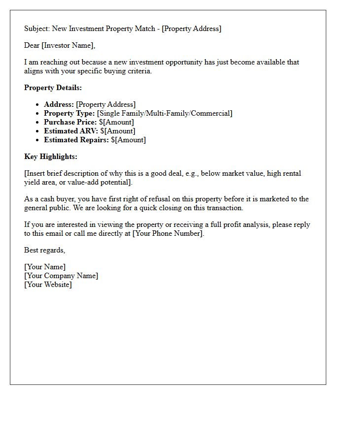 Cash Buyer Investment Opportunity Match Letter