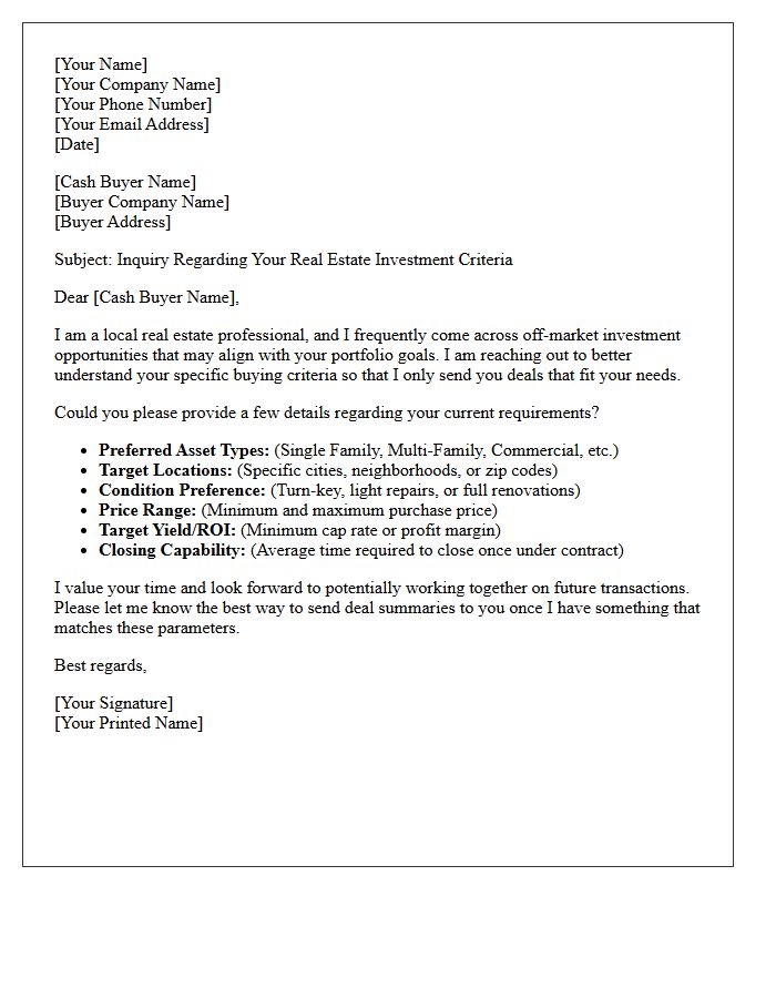 Real Estate Cash Buyer Criteria Inquiry Letter