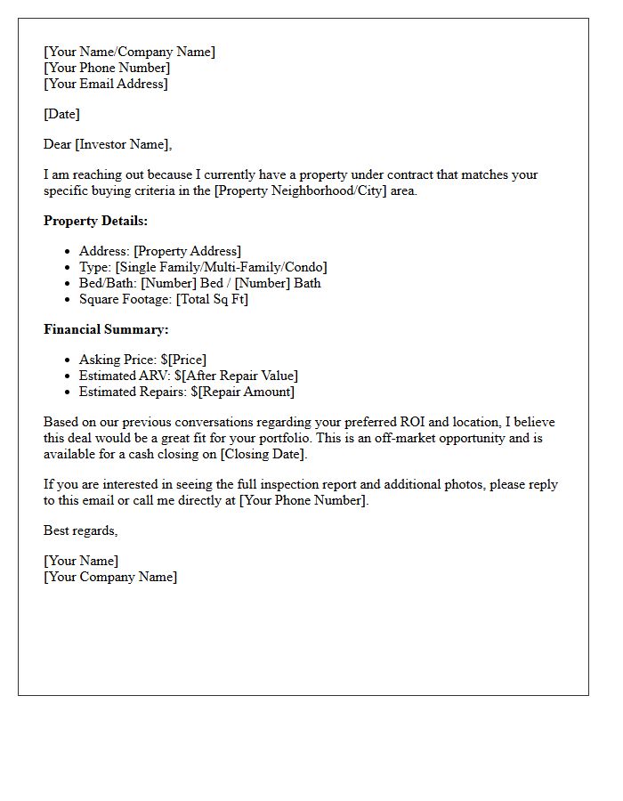 Wholesale Real Estate Cash Buyer Match Letter