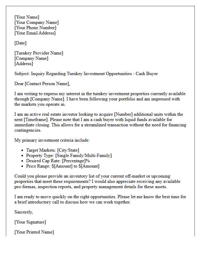 Turnkey Investment Cash Buyer Inquiry Letter