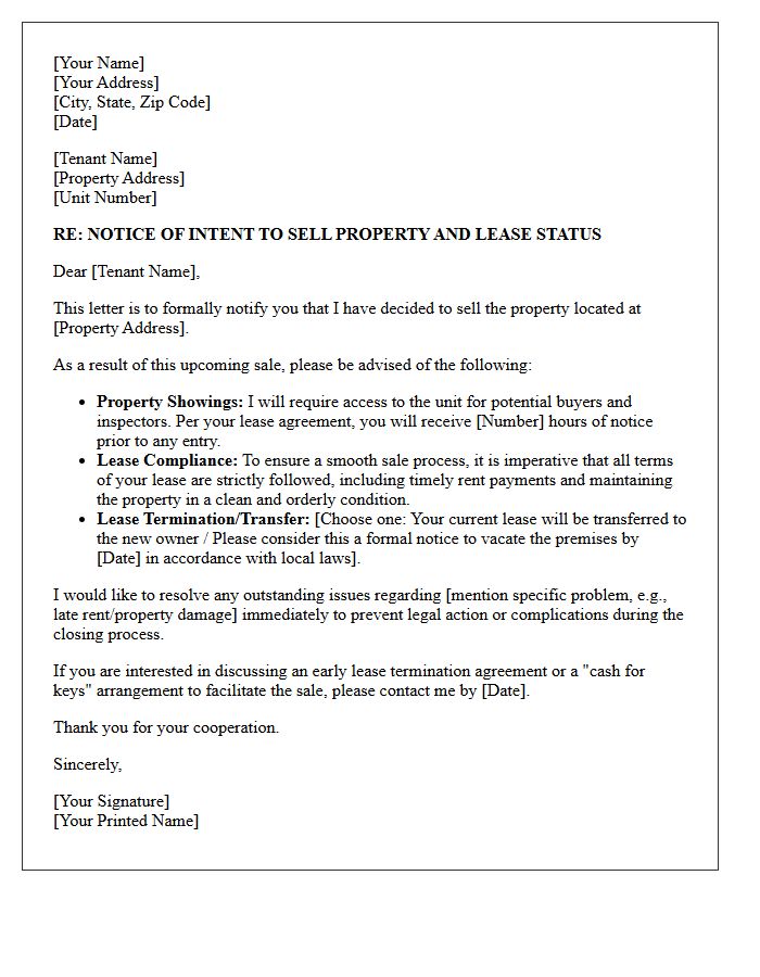 Problem Tenant Resolution Property Sale Letter