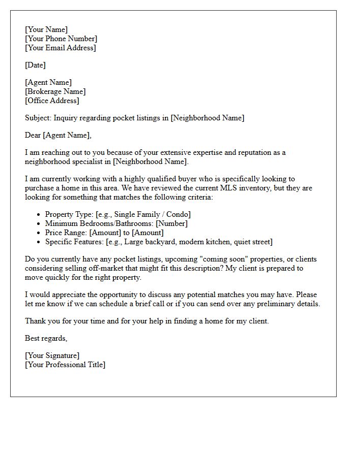 Neighborhood Specialist Pocket Listing Inquiry Letter