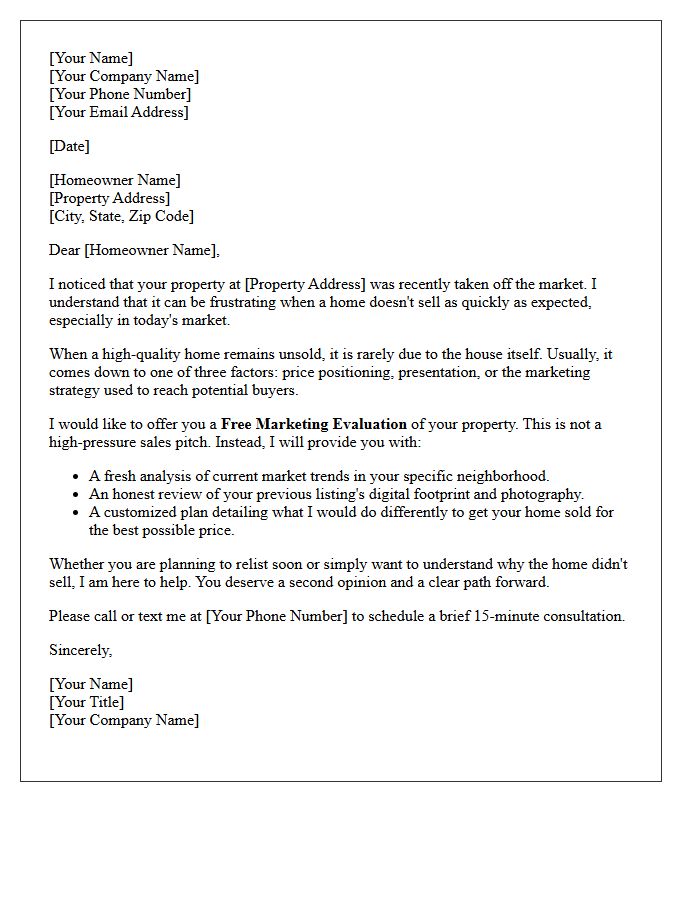 Unsold Home Marketing Evaluation Letter