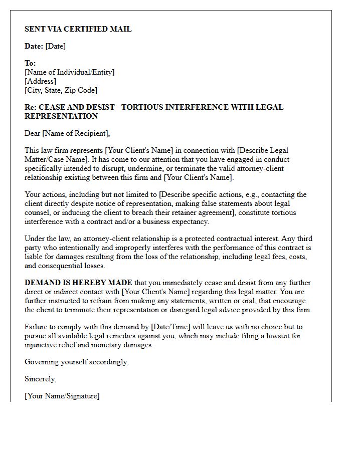 Tortious Interference With Legal Representation Cease And Desist Letter