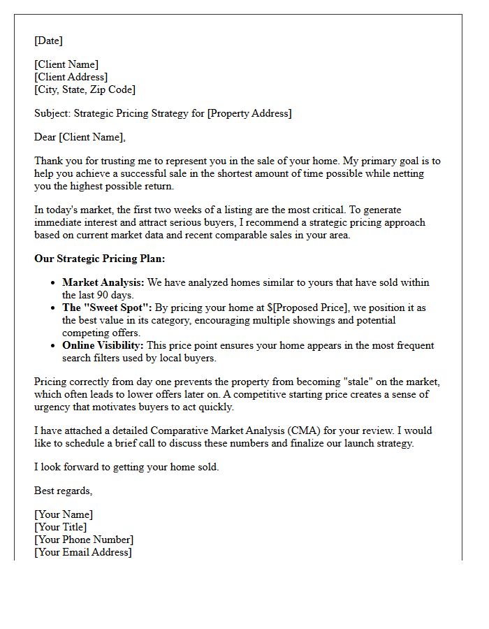 Strategic Pricing For A Faster Home Sale Letter