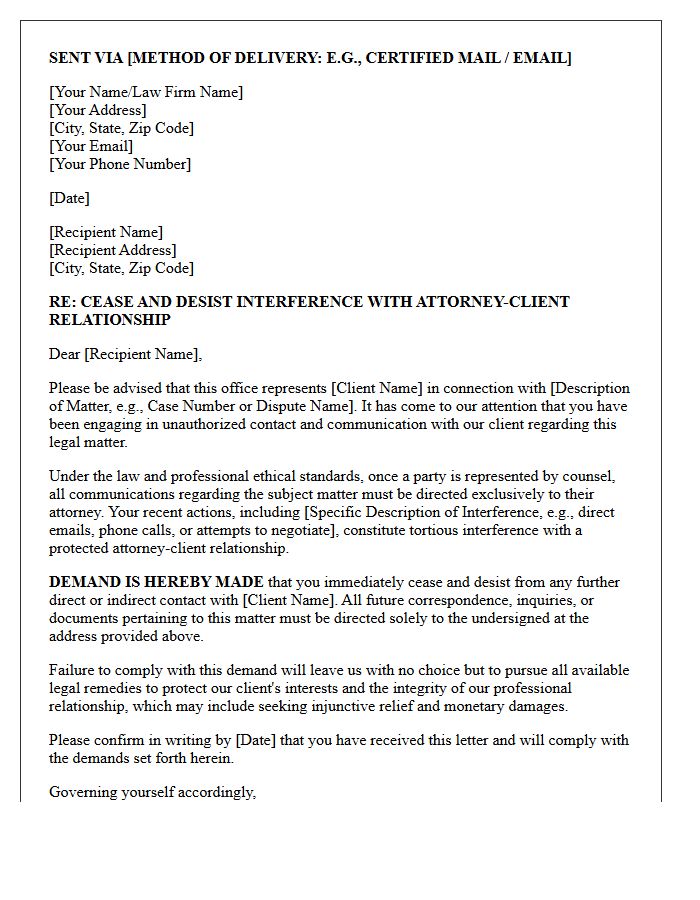 Attorney-Client Relationship Interference Cease And Desist Letter