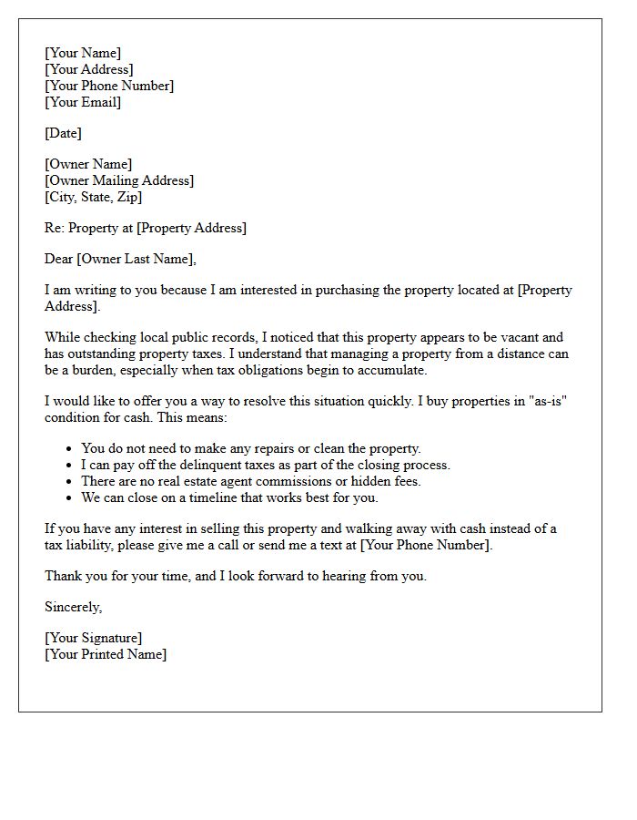 Tax Delinquent Absentee Owner Vacant Property Letter