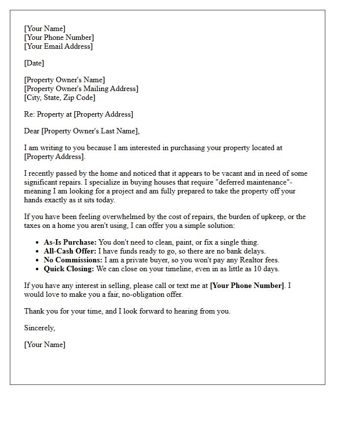 Deferred Maintenance Vacant Home Purchase Letter