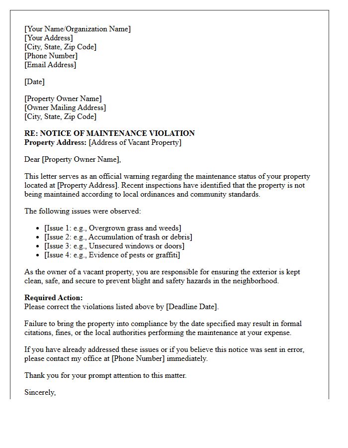 Vacant Property Maintenance Warning Letter