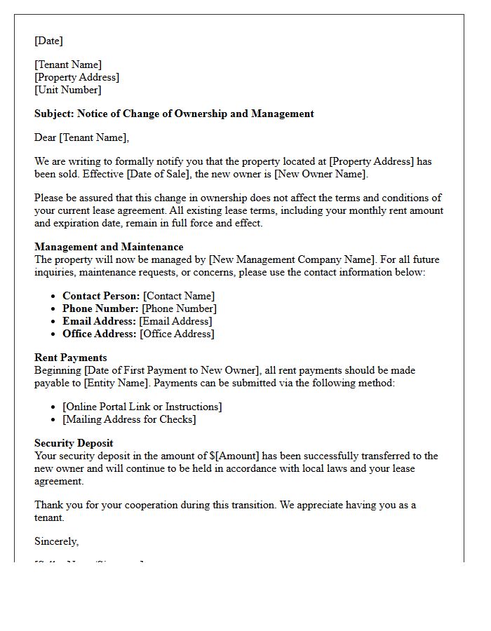 Turnkey Property Sale Transition Letter