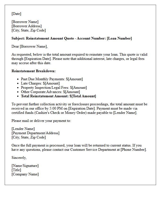 Reinstatement Amount Quote Letter