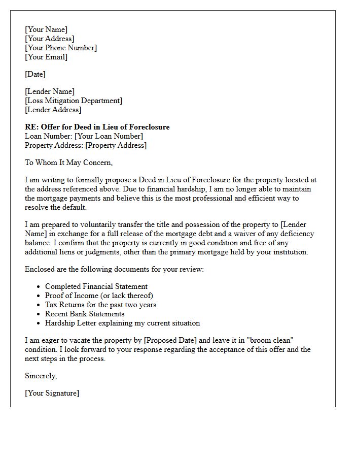 Deed in Lieu of Foreclosure Offer Letter