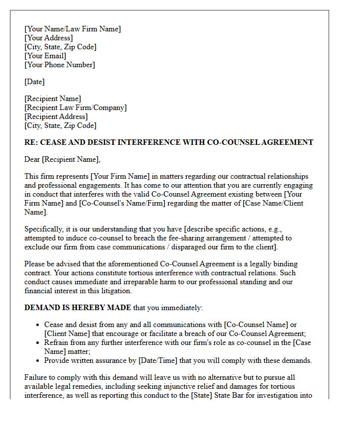 Co-Counsel Agreement Interference Cease And Desist Letter
