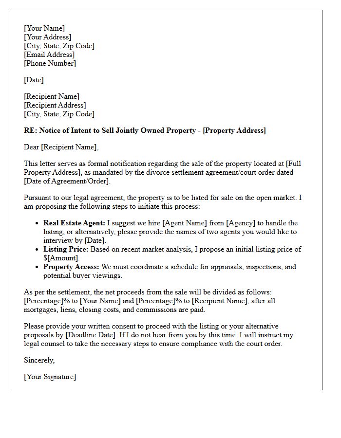 Divorce Settlement Property Sale Letter