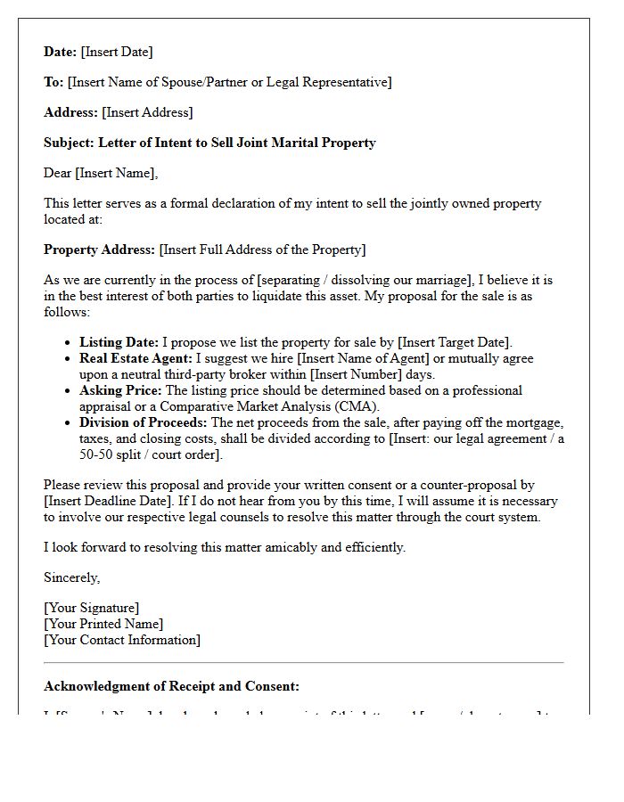 Letter of Intent to Sell Joint Marital Property