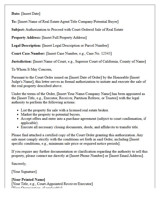 Court-Ordered Real Estate Sale Authorization Letter