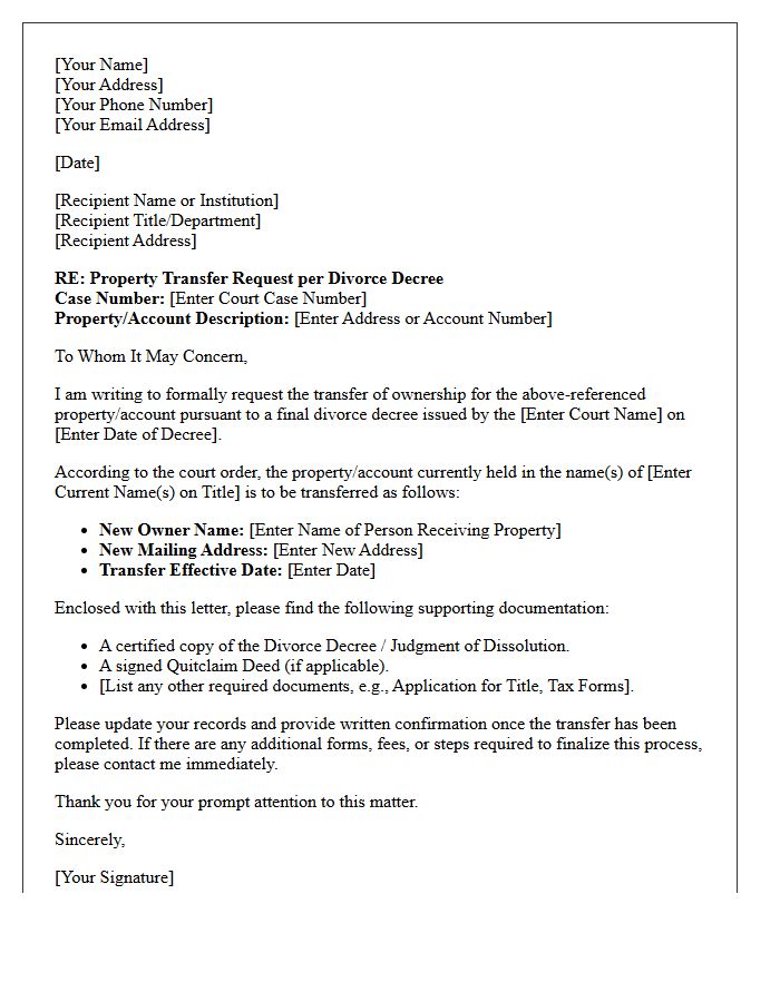 Divorce Decree Property Transfer Instruction Letter