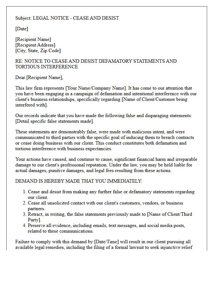 Defamatory Client Interference Cease And Desist Letter