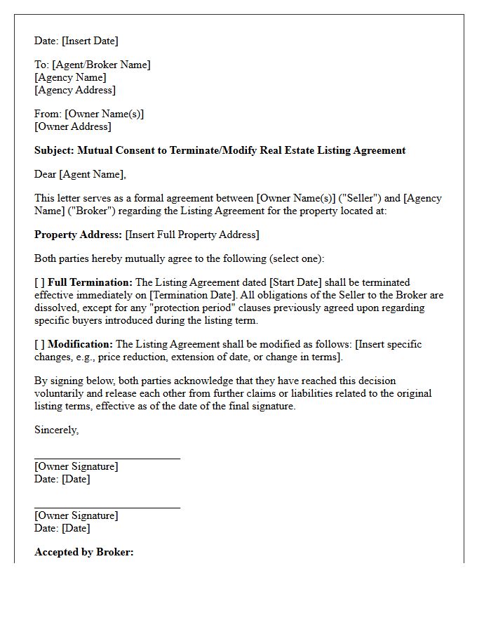Mutual Consent for Real Estate Listing Letter