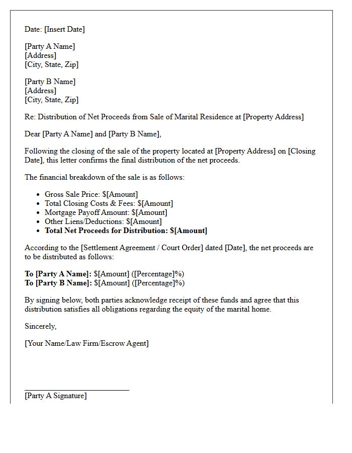 Marital Home Sale Proceeds Distribution Letter