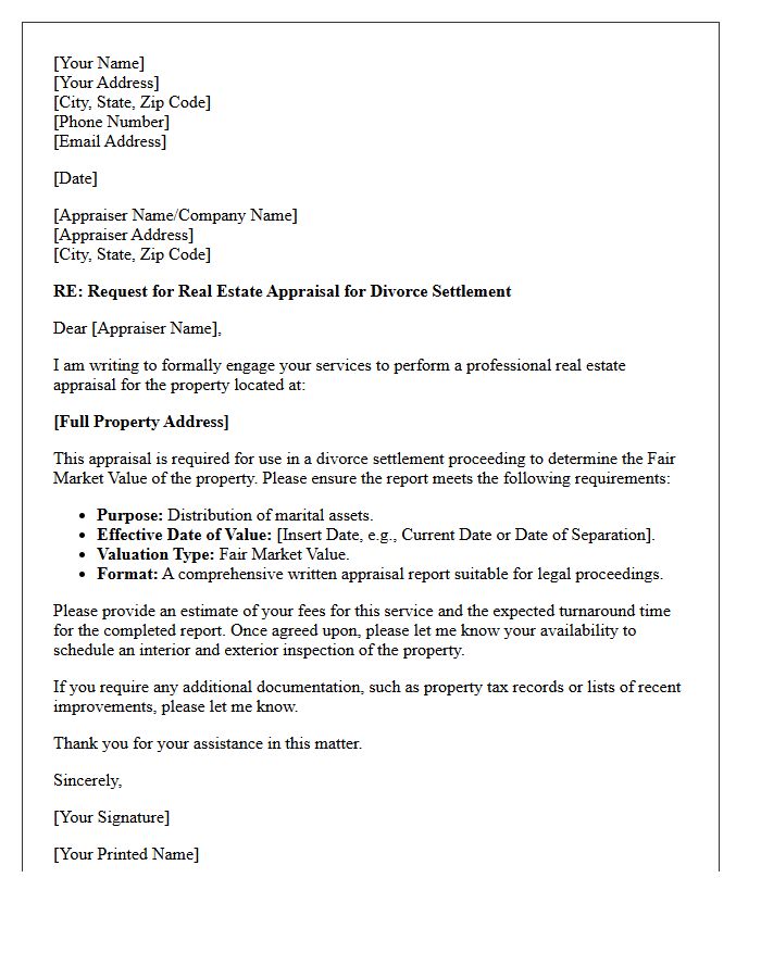 Divorce Settlement Real Estate Appraisal Letter