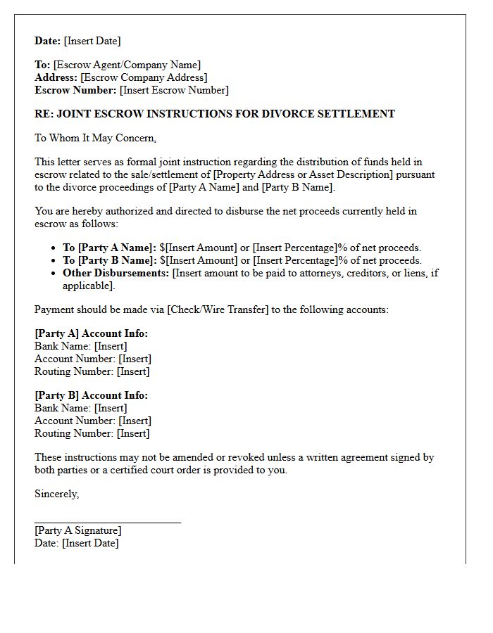 Escrow Instruction for Divorce Settlement Letter